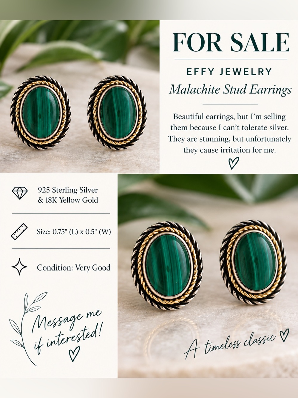 Effy Green Malachite and Gold Rope-Trim Stud Earrings